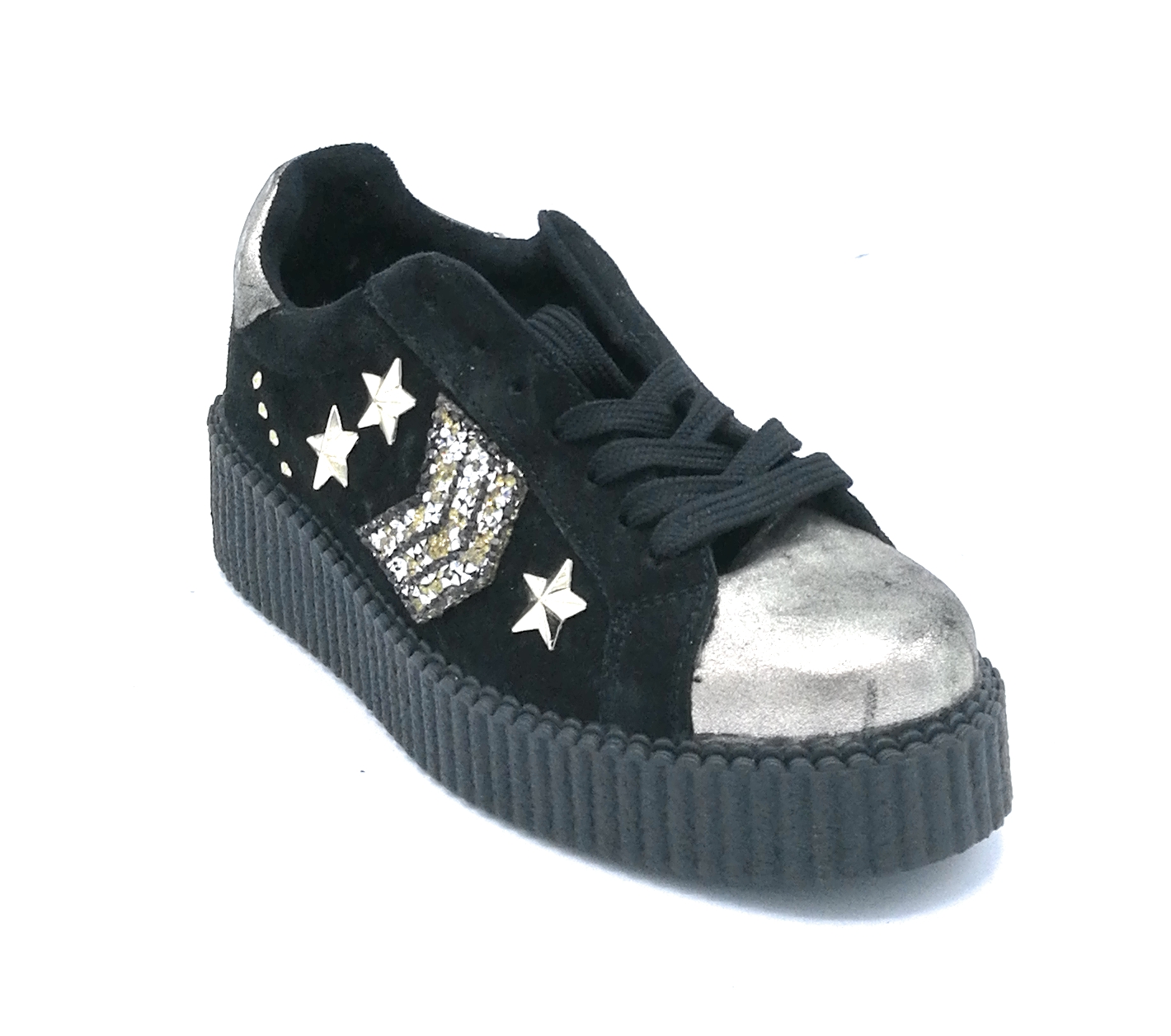 Ovyè Patty sneakers lacci zeppa in camoscio nero con accessori oro