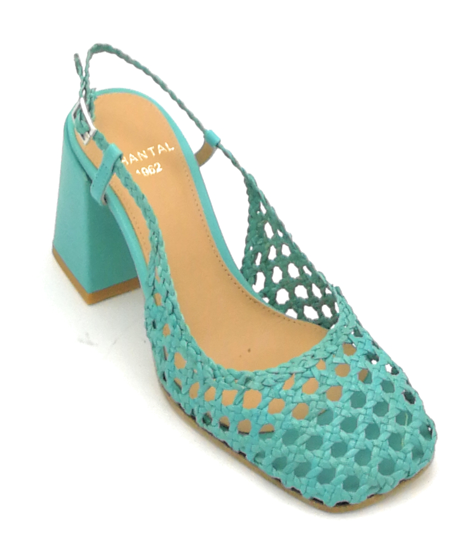 Chantal 1543 sandalo pelle intrecciata turchese cinturino tacco quadro 8cm D